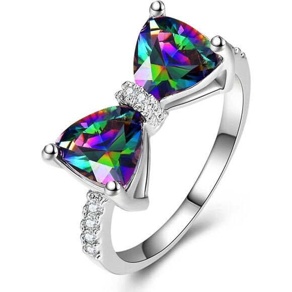 S925 Sterling Silver Plated Rainbow Topaz Bow Ring – Multiple Colors & Finishes - Picture 2 of 16